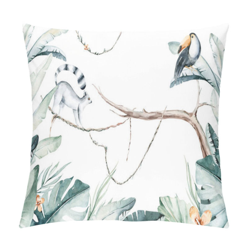 Personality  Watercolor Jungle Illustration Of A Lemur And Toucan On White Background. Madagascar Fauna Zoo Exotic Lemurs Animal. Tropical Design Poster. Pillow Covers