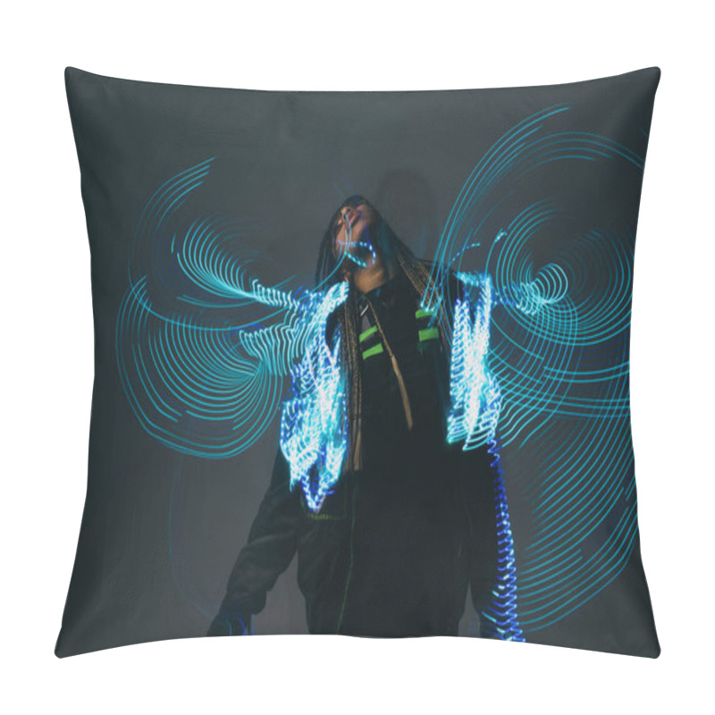 Personality  African American Woman In Smart Glasses Posing Near Abstract Projection On Grey Background  Pillow Covers