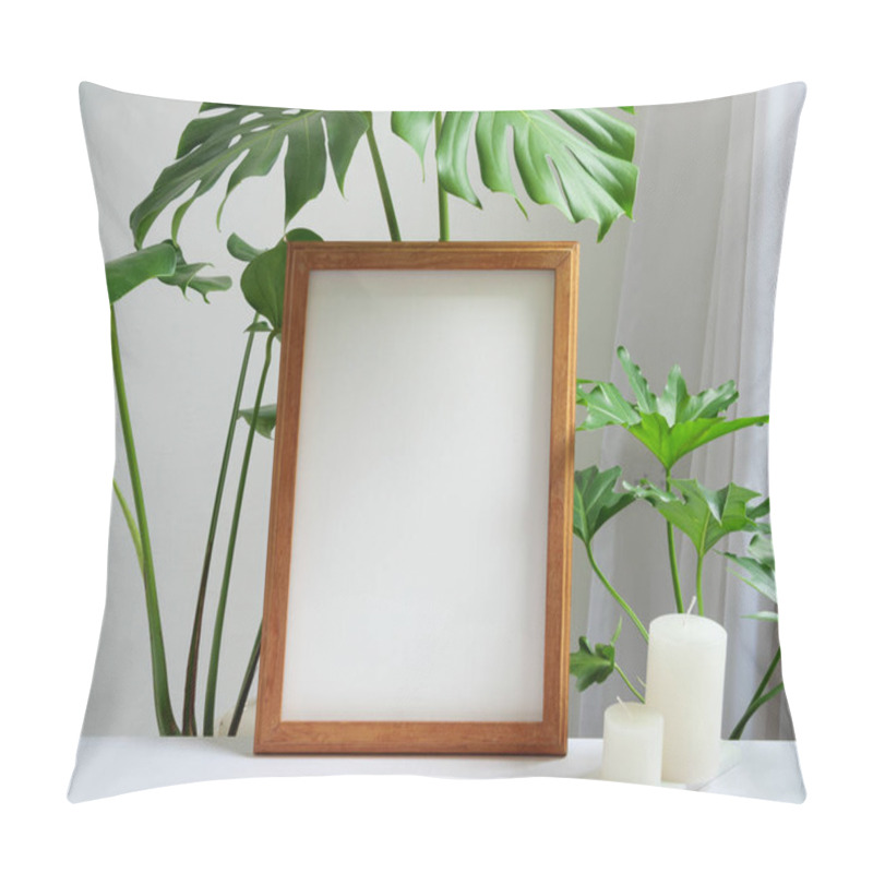 Personality  Mock Up Brown Poster Frame, Gouse Plant Philodendron Green Leaf And Aroma White Candles On Beige Table And Wall Background,white Soft Tone Interior Pillow Covers