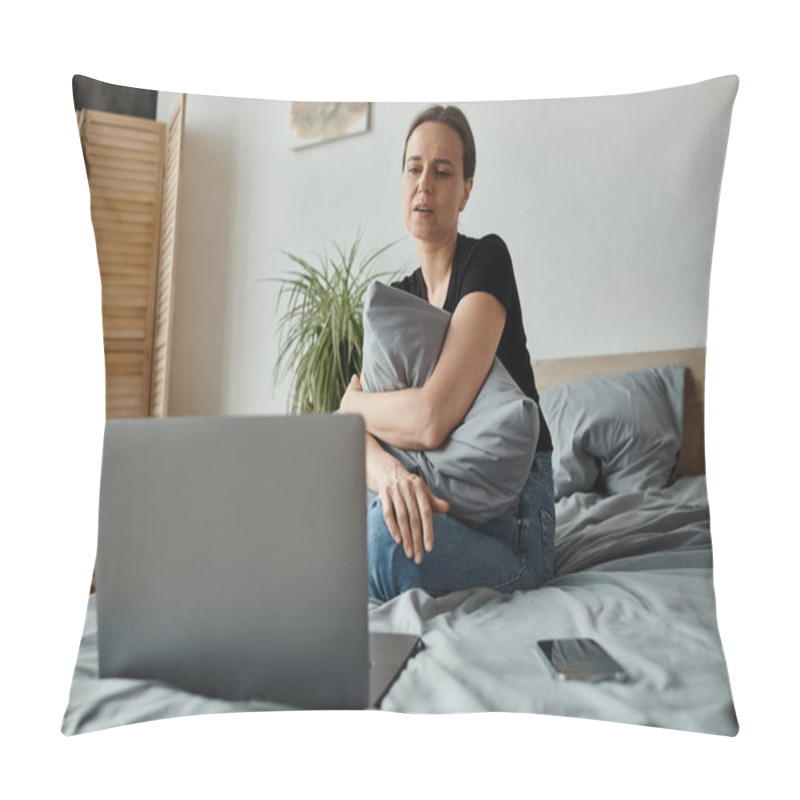 Personality  Middle-aged Woman Finds Solace In Therapy Session On Laptop. Pillow Covers