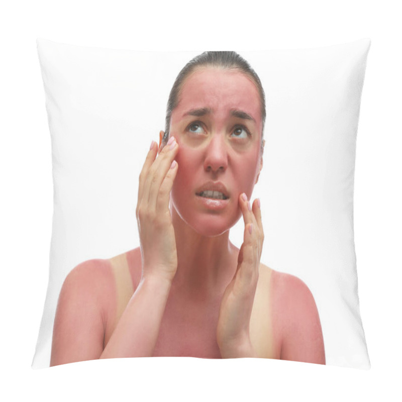 Personality  Woman With Sunburned Skin On White Background Pillow Covers