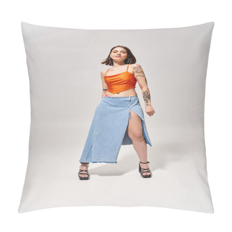 Personality  A Brunette Woman In A Stylish Skirt And Top Strikes A Confident Pose In A Studio Setting. Pillow Covers