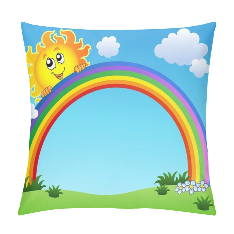 Personality  Sun Holding Rainbow On Blue Sky - Vector Illustration. Pillow Covers