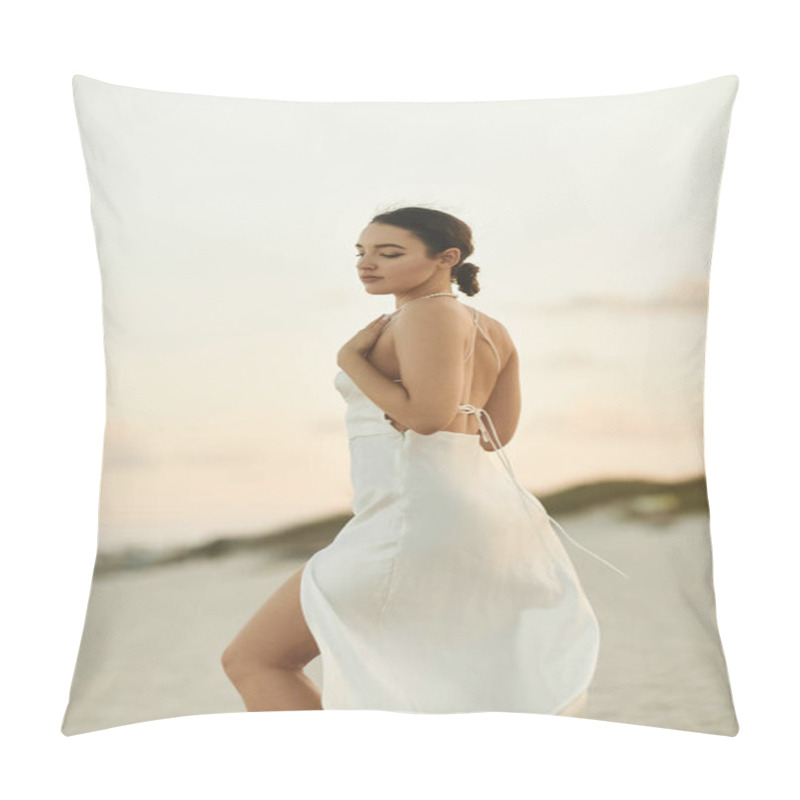 Personality  A Young Woman In A White Dress Strolls Along A Sandy Beach In Miami. Pillow Covers