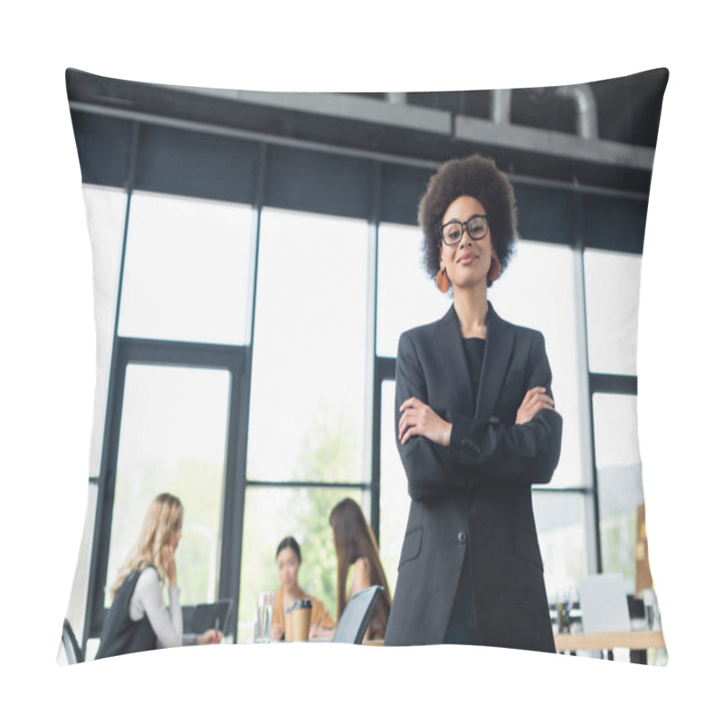 Personality  Happy African American Businesswoman Looking At Camera While Standing With Crossed Arms In Office Pillow Covers