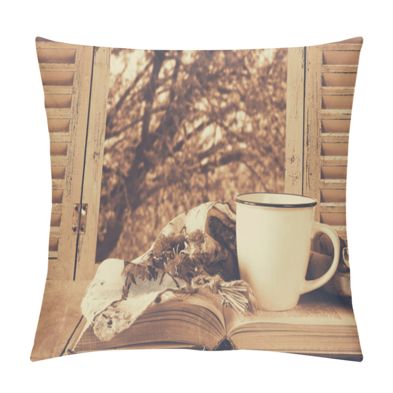 Personality  Romantic Scene Of Cup Of Coffee Next To Old Book Pillow Covers