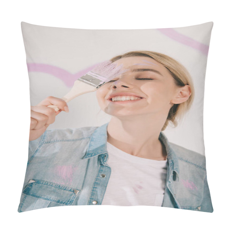 Personality  Happy Young Woman Standing With Closed Eyes And Holding Pink Paintbrush Pillow Covers