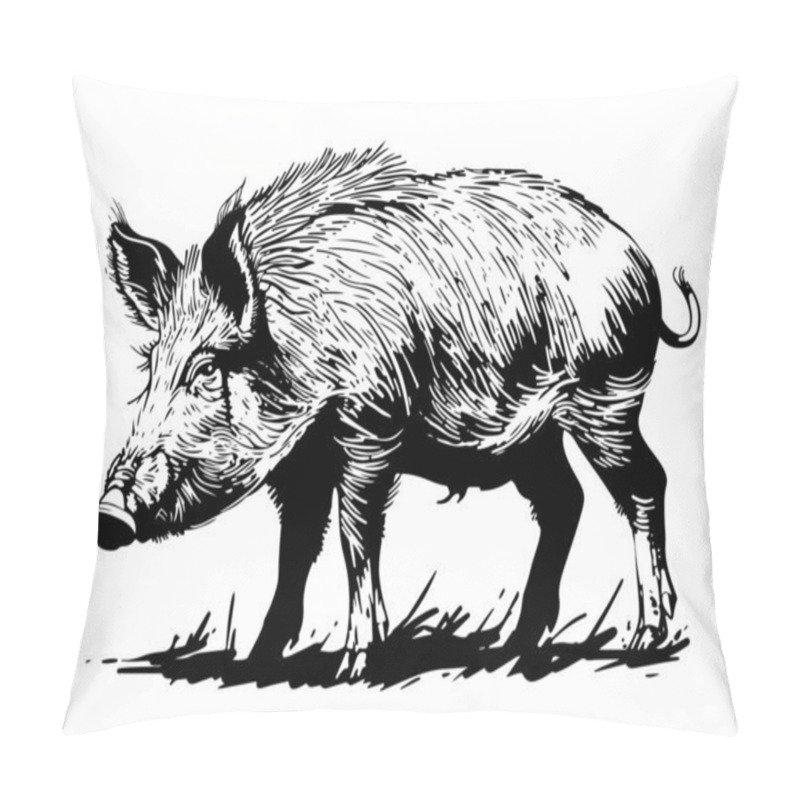 Personality  Wild Boar Sketch. Engraving Style. Vector Illustration Pillow Covers