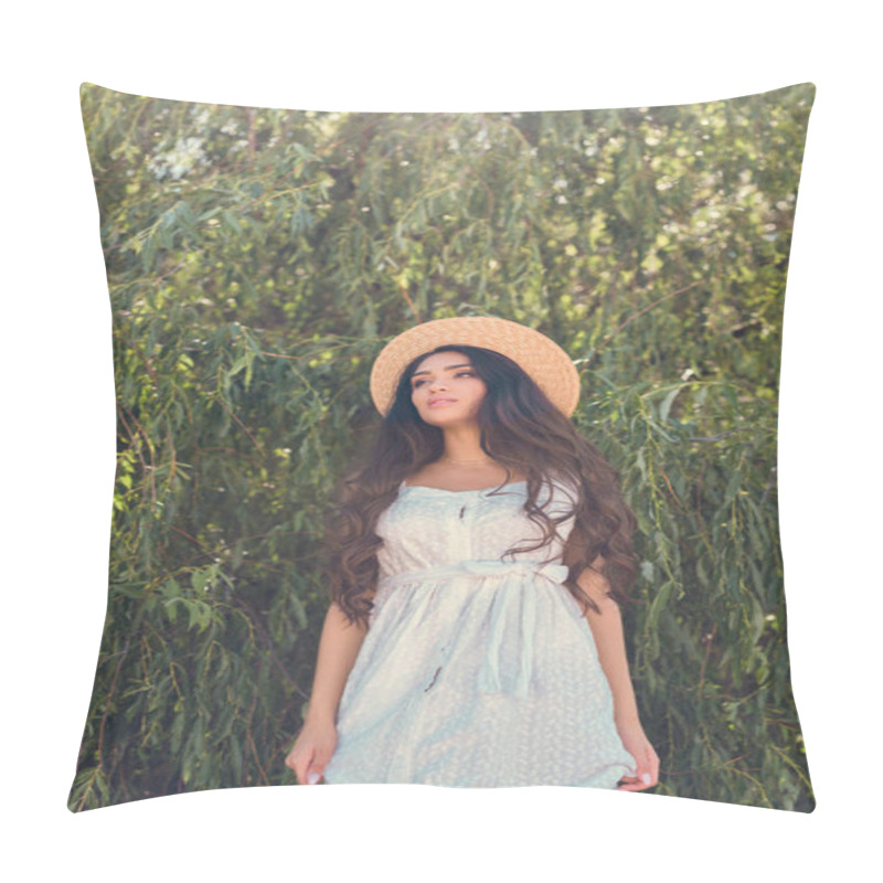 Personality  Beautiful Girl In Straw Hat And White Dress Posing Near Willow Tree Pillow Covers