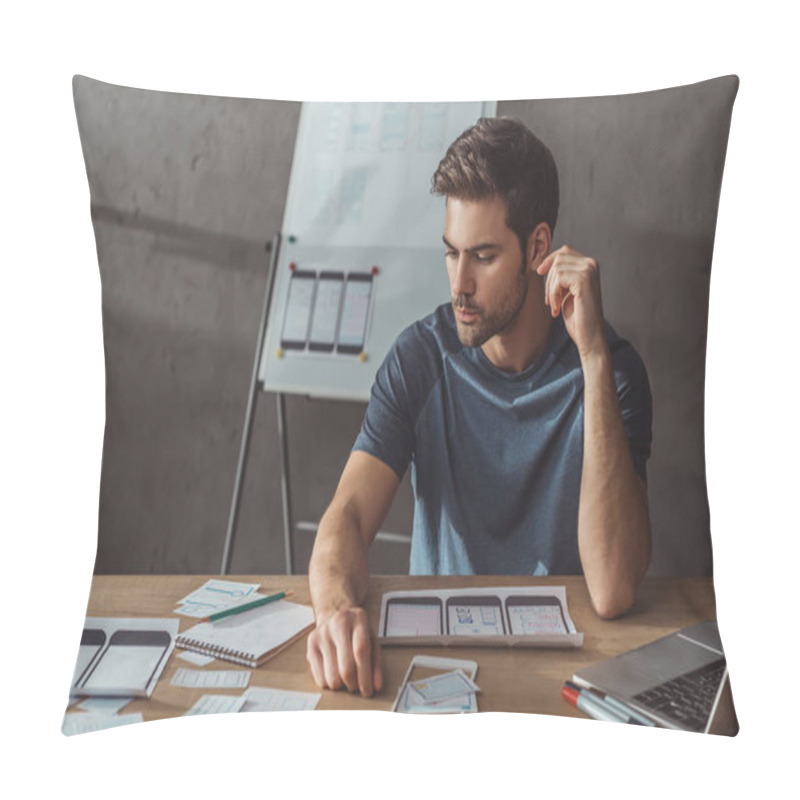 Personality  Selective Focus Of Handsome Designer Planning Mobile App With Layouts On Table Pillow Covers