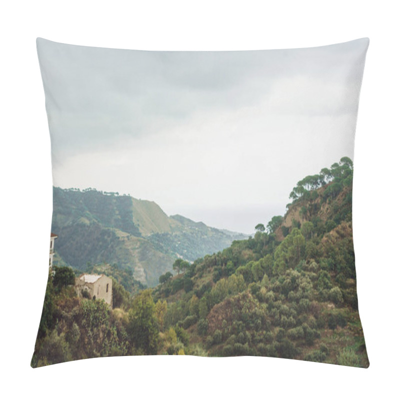 Personality  Green Trees On Hills Near Small Houses In Savoca, Italy  Pillow Covers