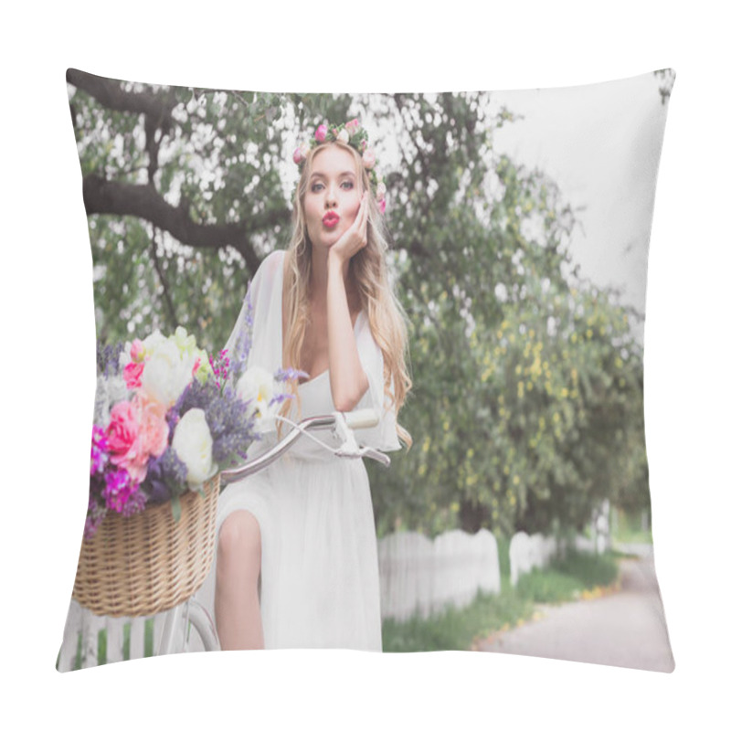 Personality  Beautiful Young Bride Riding Bicycle With Flower Basket And Looking At Camera  Pillow Covers