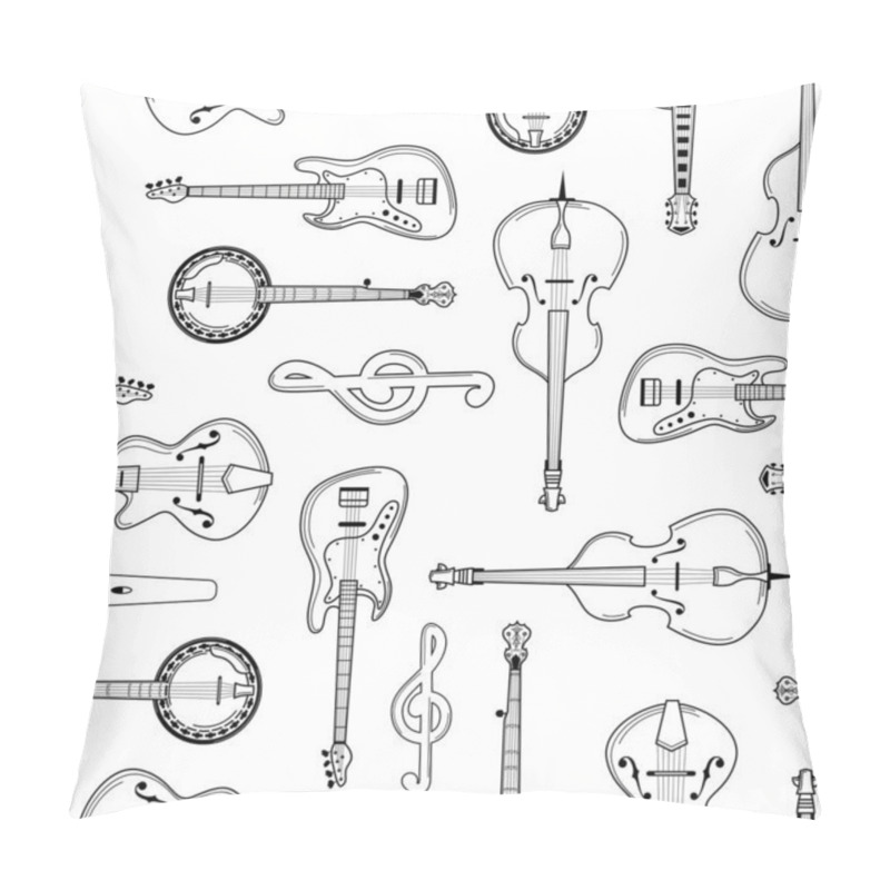 Personality  Musical Instruments Hand Drawn Outline Seamless Pattern. Guitar, Cello, Banjo, Mic Line Art Texture. Black Contour String Instruments On White Background. Concert, Jazz Festival Textile Vector Design Pillow Covers