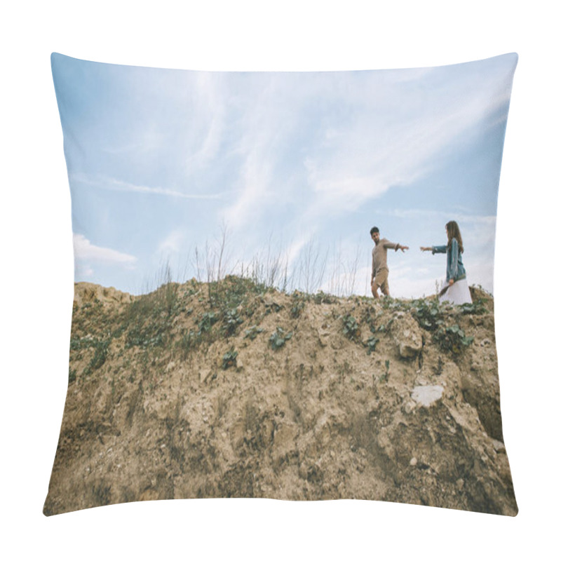 Personality  Stylish Couple Holding Hands And Walking On Cliff With Blue Sky Pillow Covers