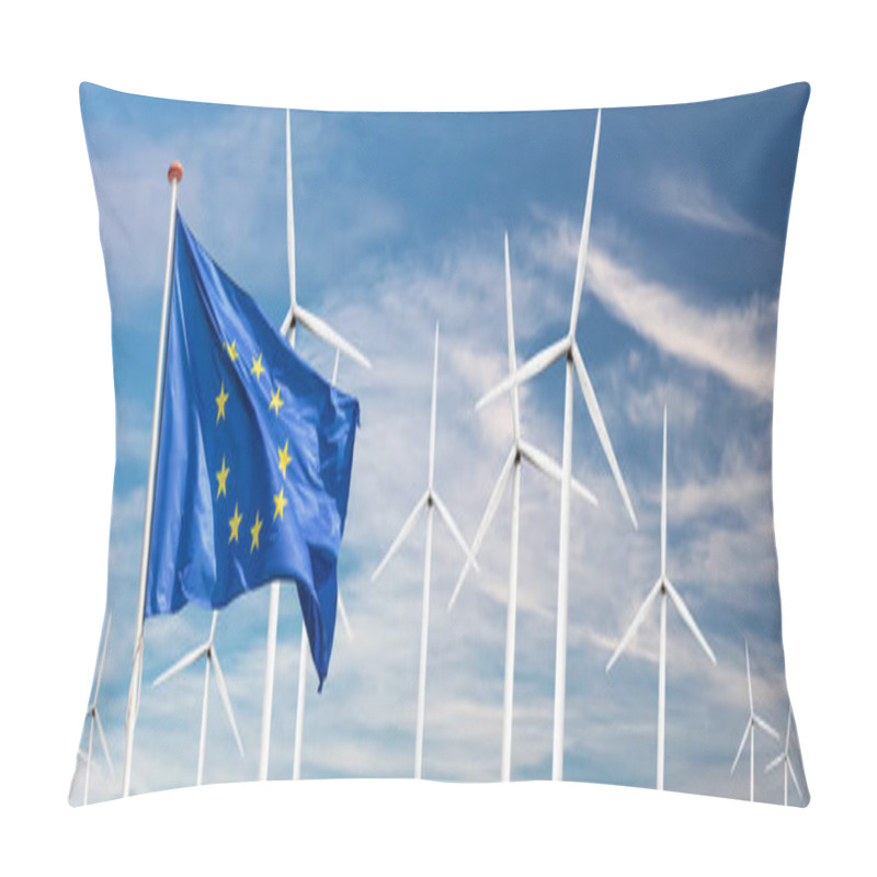 Personality  Official Flag Of The European Union In Front Of A Large Windpark With Wind Turbines Pillow Covers