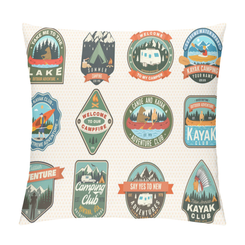 Personality  Set Of Summer Camping Badges, Patches. Vector Concept For Shirt Or Logo, Print, Stamp, Patch Or Tee. Design With Tent, Mountain, Camping Trailer, Campfire, Bear, Canoe , Kayak And Forest Silhouette Pillow Covers