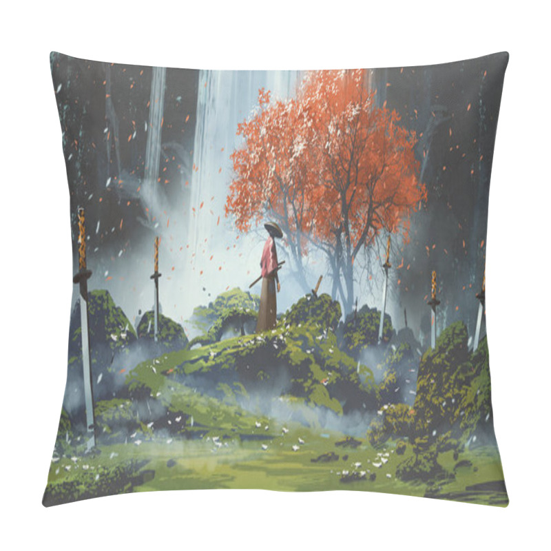 Personality  Samurai Standing In Waterfall Garden With Swords On The Ground, Digital Art Style, Illustration Painting Pillow Covers