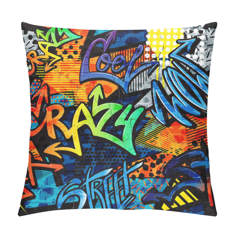 Personality  Abstract Bright Graffiti Pattern. With Bricks, Paint Drips, Words In Graffiti Style. Graphic Urban Design For Textiles, Sportswear, Prints. Pillow Covers