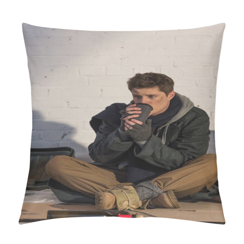 Personality  Sad Homeless Man Drinking From Paper Cup While Sitting On Cardboard By Brick Wall Pillow Covers