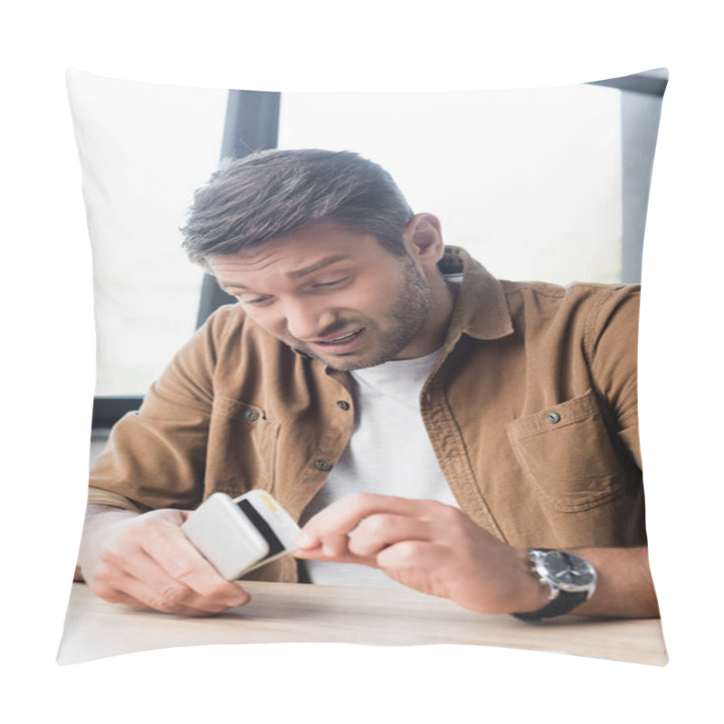 Personality  Dissatisfied Businessman Disassembling Smashed Smartphone While Sitting At Workplace On Blurred Background Pillow Covers