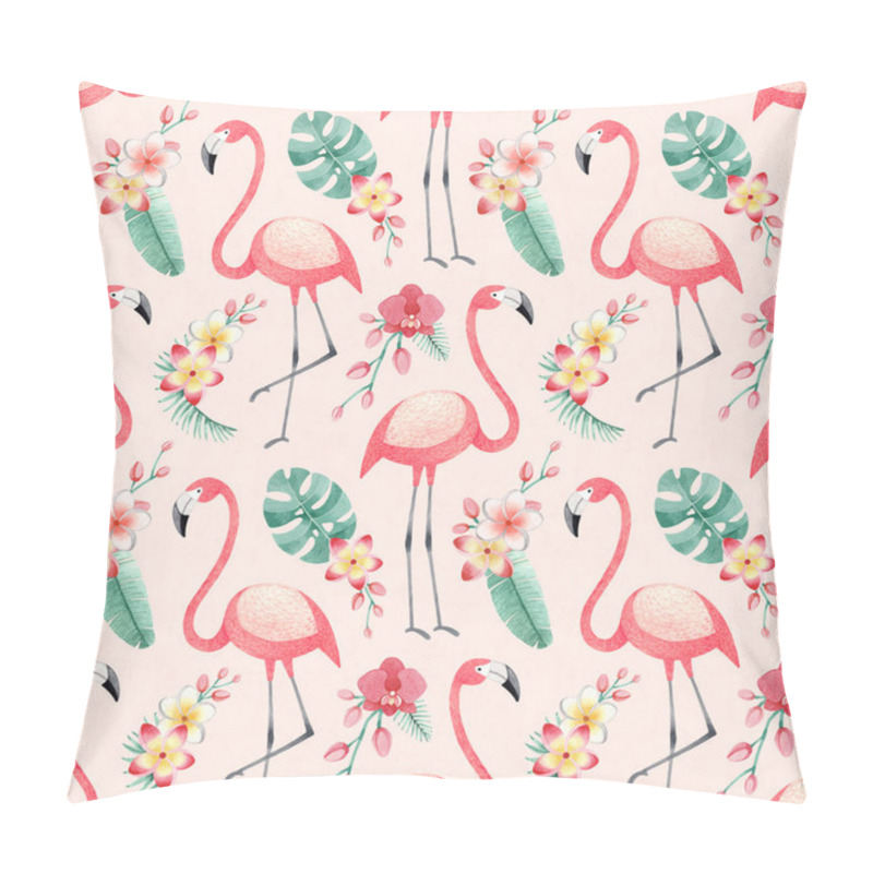 Personality  Watercolor Illustrations Of Flamingos, Tropical Flowers And Leaves. Seamless Tropical Pattern Pillow Covers