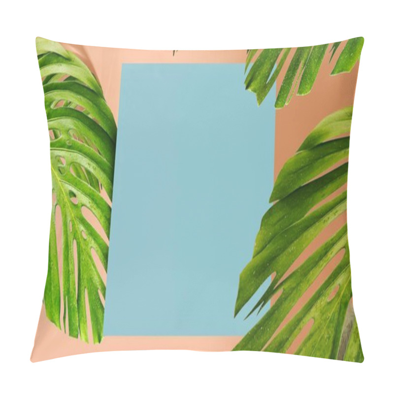 Personality  Tropical Leaves Monstera With Grey Square For Your Text  On Pink Background. 3d Rendering Pillow Covers