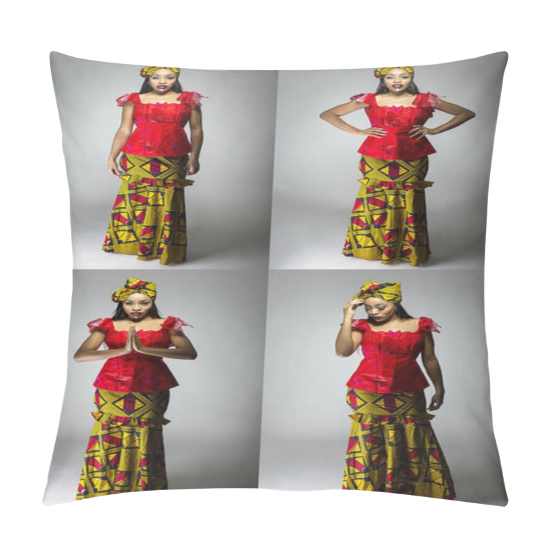 Personality  Series Of Black Female Showing African Pride By Wearing A Traditional Nigerian Dress And Head Scarf With Tribal Face Markings Or Cosmetic Makeup.   Pillow Covers