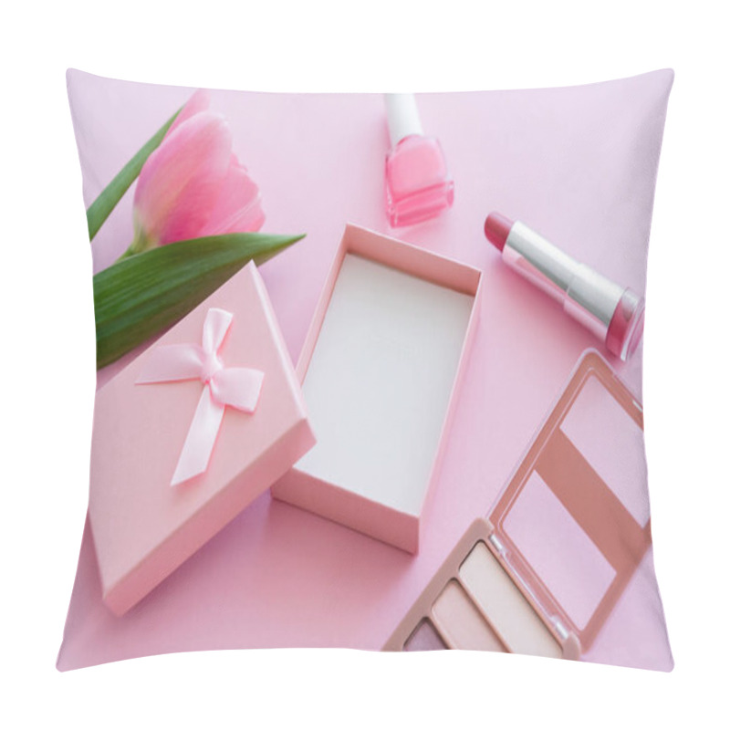 Personality  Blooming Tulip Near Decorative Cosmetics And Gift Box On Pink Pillow Covers