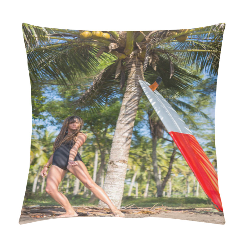 Personality  Attractive Young Girl In Swimsuit Dancing Near Palm With Surfboard  Pillow Covers