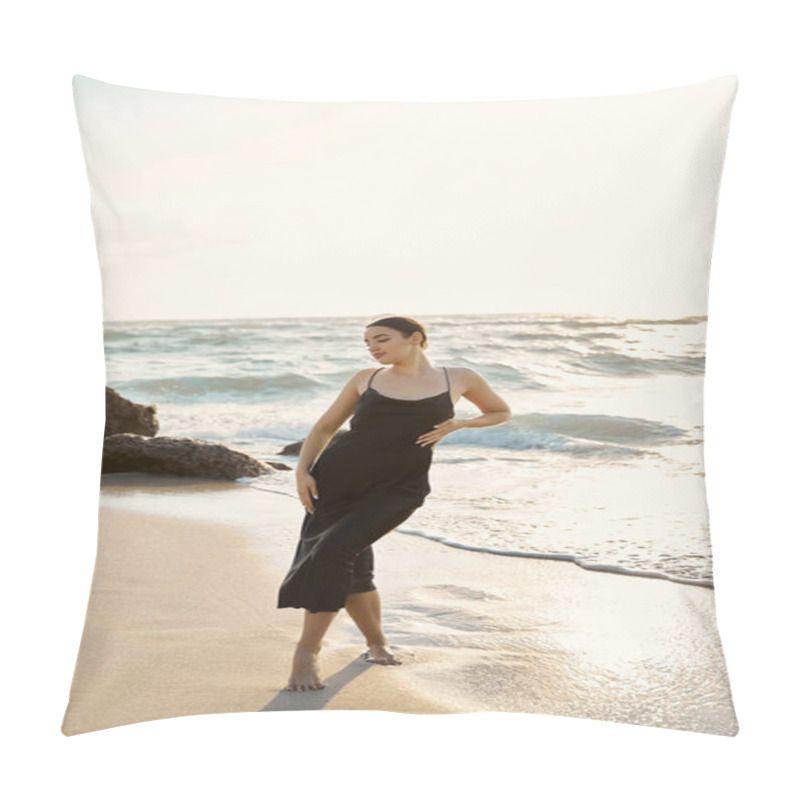 Personality  A Young Woman In A Black Sundress Strolls Along The Sandy Shore Of Miami Beach, Enjoying The Warm Evening Sun And The Gentle Sea Breeze. Pillow Covers