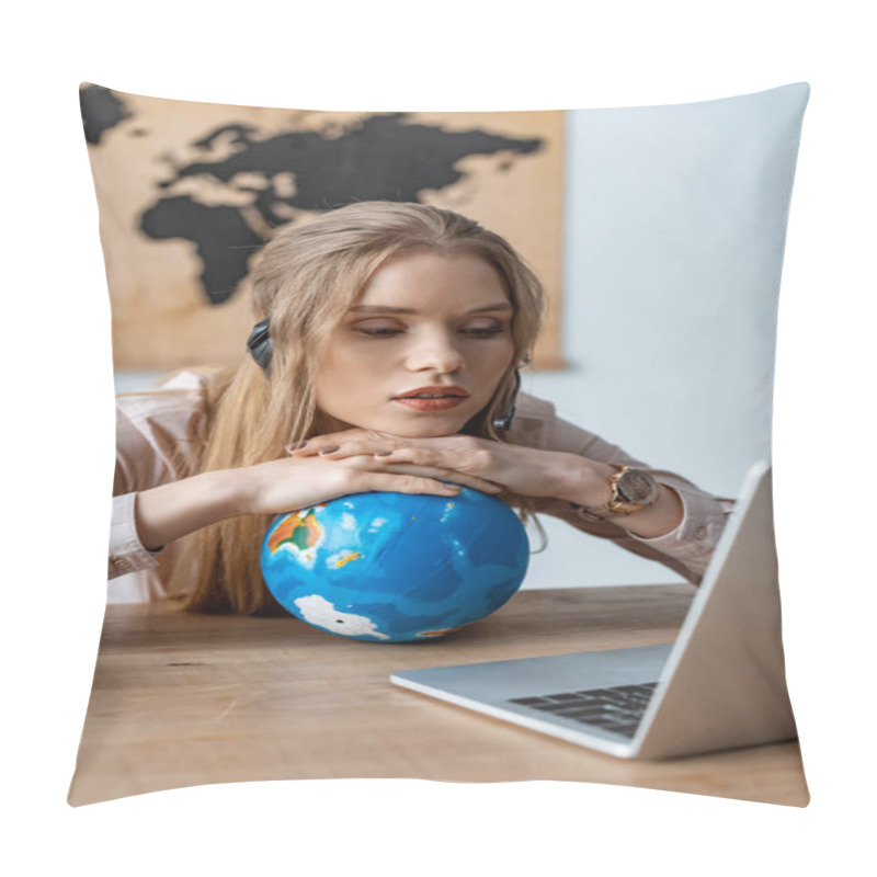 Personality  Exhausted Travel Agent Leaning On Globe While Looking At Laptop Pillow Covers