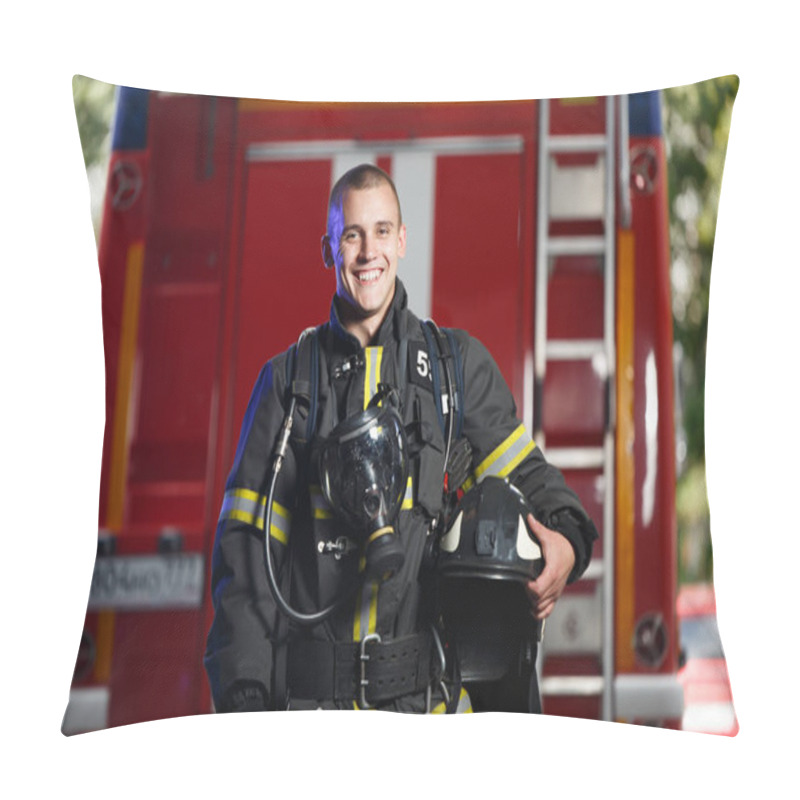 Personality  Photo Of Happy Fireman With Gas Mask And Helmet Near Fire Engine Pillow Covers