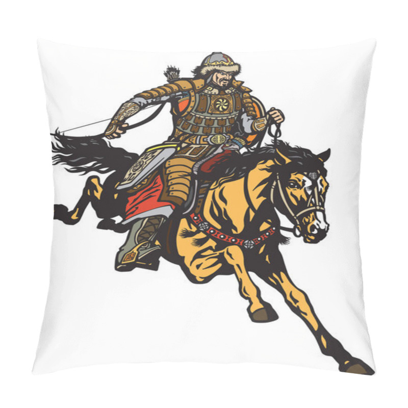 Personality  Mongolian Archer Warrior On A Horseback Riding A Pony Horse In The Gallop And Holding A Bow .Medieval Time Of Genghis Khan . Isolated Vector Illustration  Pillow Covers