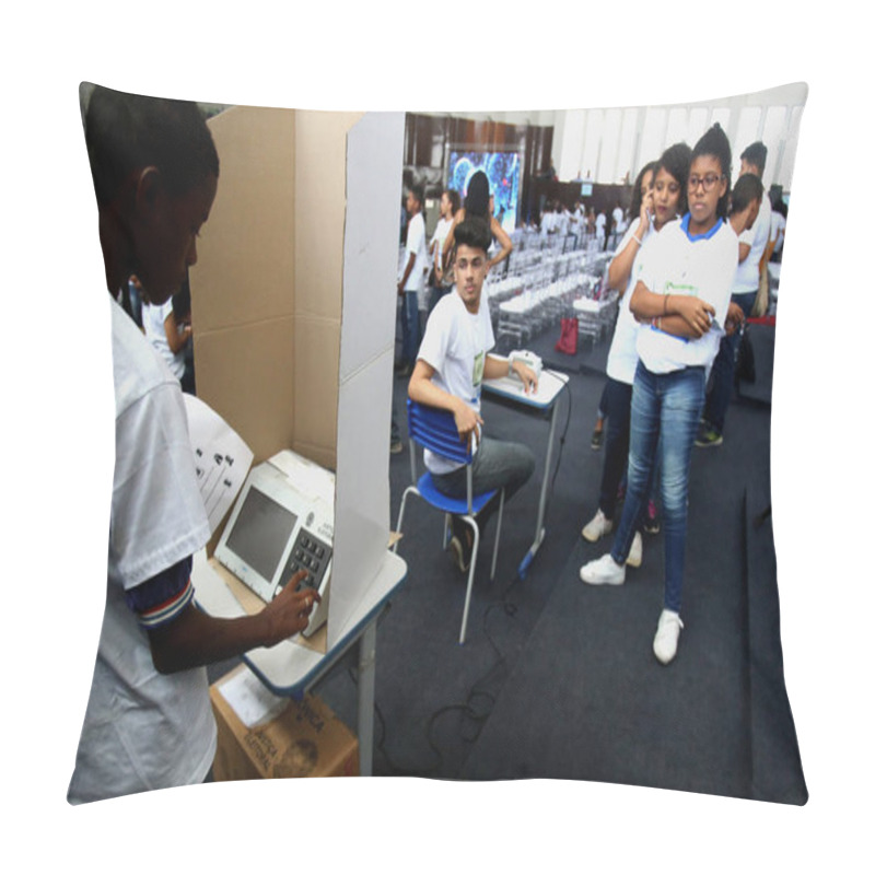 Personality  Salvador, Bahia, Brazil - July 31, 2018: Young People From A Public School In The City Of Salvador Test An Electronic Ballot Box Used In Elections In Brazil. Pillow Covers