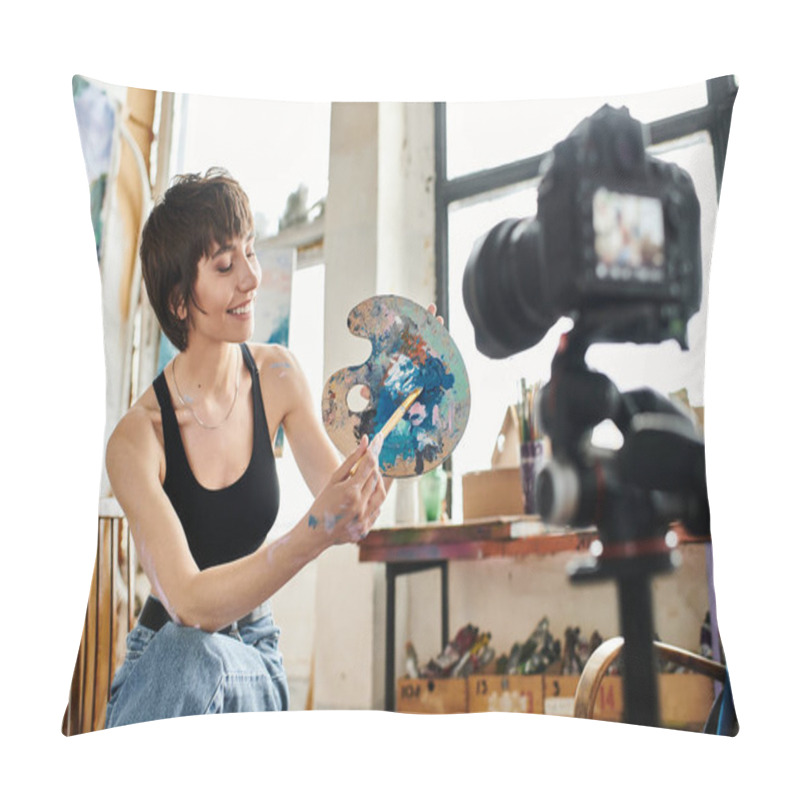 Personality  A Woman Creatively Paints With A Brush While Sitting On A Chair. Pillow Covers