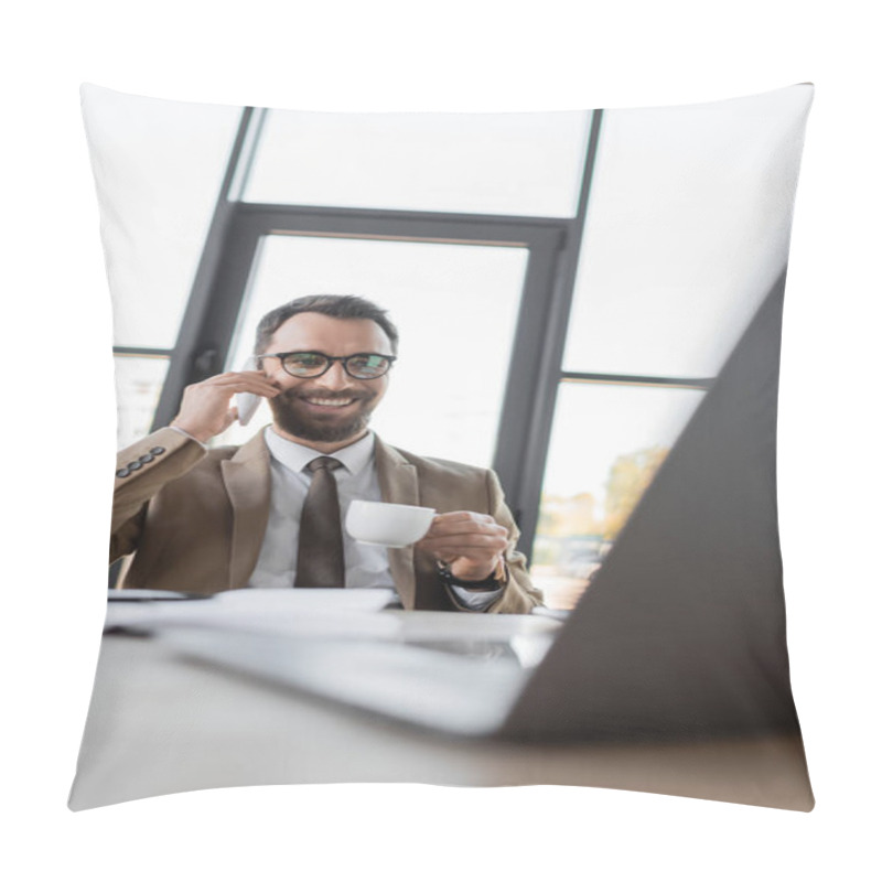 Personality  Charismatic Businessman With Beard And Brunette Hair, Wearing Beige Blazer And Tie, Talking On Smartphone And Holding Coffee Cup In Front Of Laptop On Blurred Foreground In Office Pillow Covers