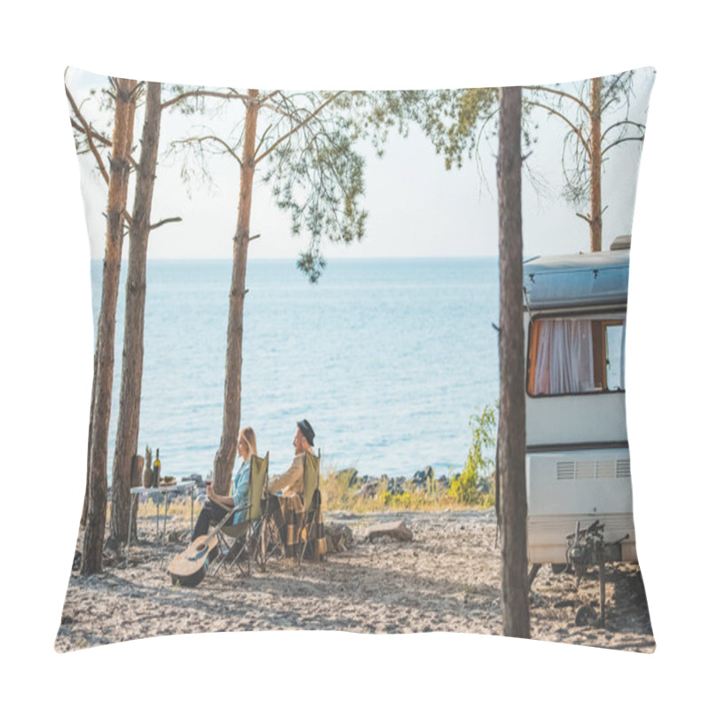 Personality  Young Couple Having Picnic At Campervan Near The Sea Pillow Covers