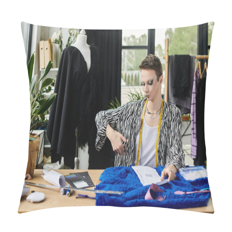 Personality  A Fashion Designer Thoughtfully Crafts Garments In A Lively Studio Filled With Creative Inspiration. Pillow Covers