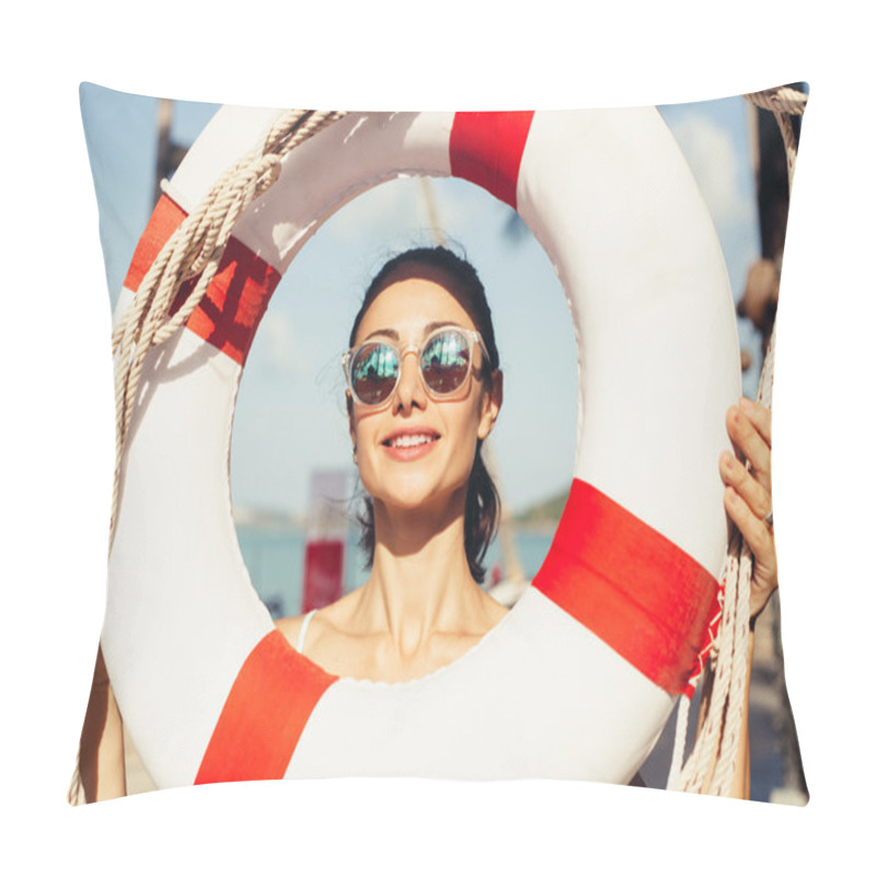 Personality  Funny Fashion Blonde On Wall Background With Orange Lifebuoy Pillow Covers