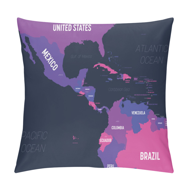 Personality  Central America Map. High Detailed Political Map Central American And Caribbean Region With Country, Capital, Ocean And Sea Names Labeling Pillow Covers