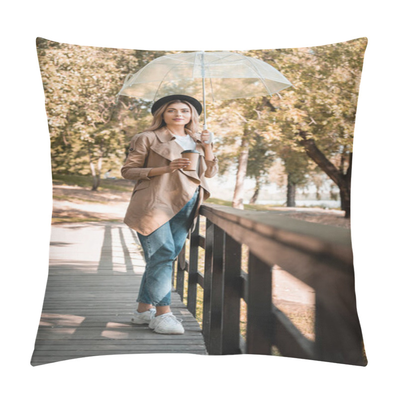 Personality  Selective Focus Of Woman In Hat Holding Umbrella And Disposable Cup With Coffee To Go While Standing On Bridge In Autumnal Park  Pillow Covers