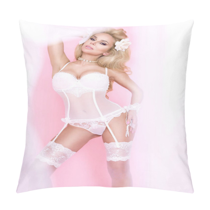 Personality  Beautiful Blonde Female Model In A Wedding Lingerie On A Pink Background Pillow Covers