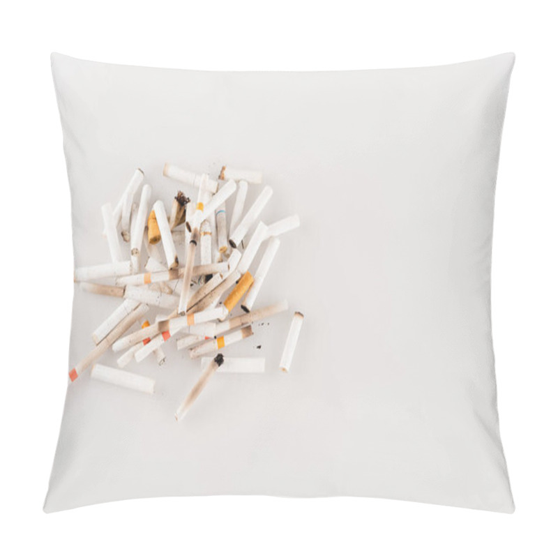 Personality  Plenty Of Cigarette Ends On White Surface, Ecology Concept, Top View Pillow Covers