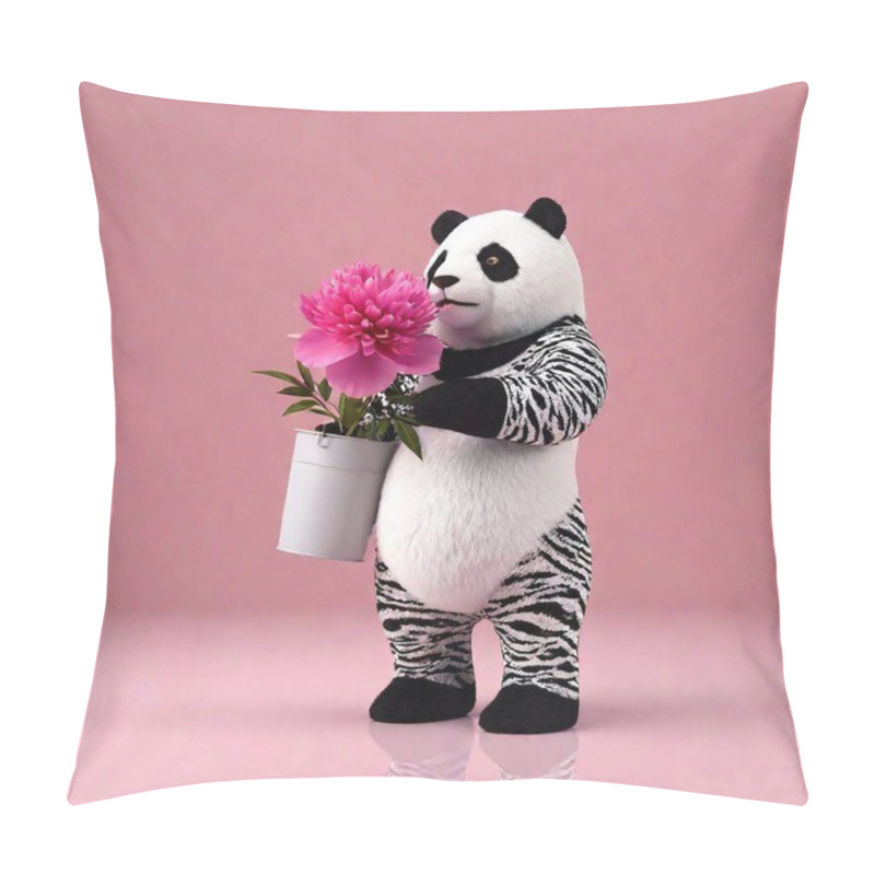 Personality  A Captivating 3D Conceptual Art Piece Showcasing A Black-white Panda And Holding Peony Bucket. The Panda Is Adorned With Nude-red And Grey Patterns, Adding A Vibrant Pop Of Color. The Scene Exudes A Sense Of Fashion And Modernity, With A Touch Of Pillow Covers