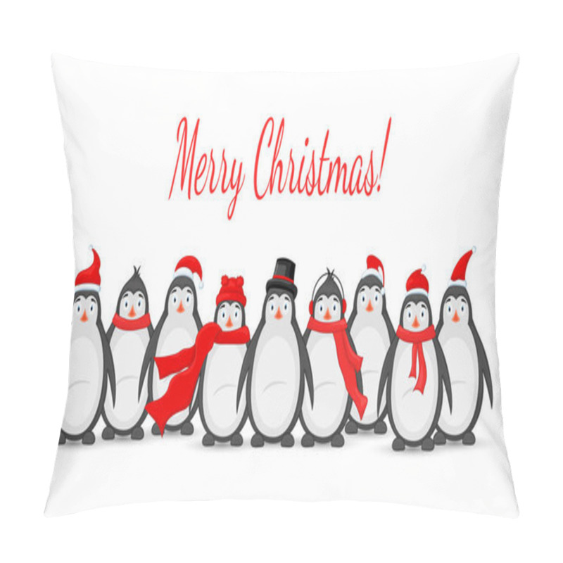 Personality  Many Polar Penguins In Winter Earphones, Cap, Hat And Scarf. Postcard For The New Year And Christmas. Isolated Objects On Pillow Covers