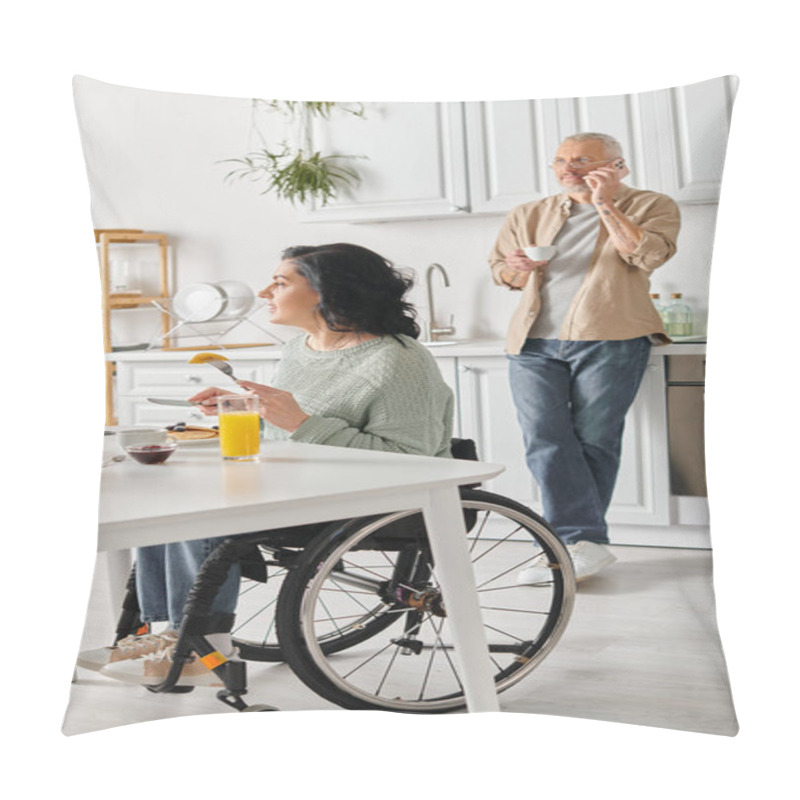 Personality  A Husband And His Disabled Wife, In A Wheelchair, Stand Side By Side At A Kitchen Table Pillow Covers