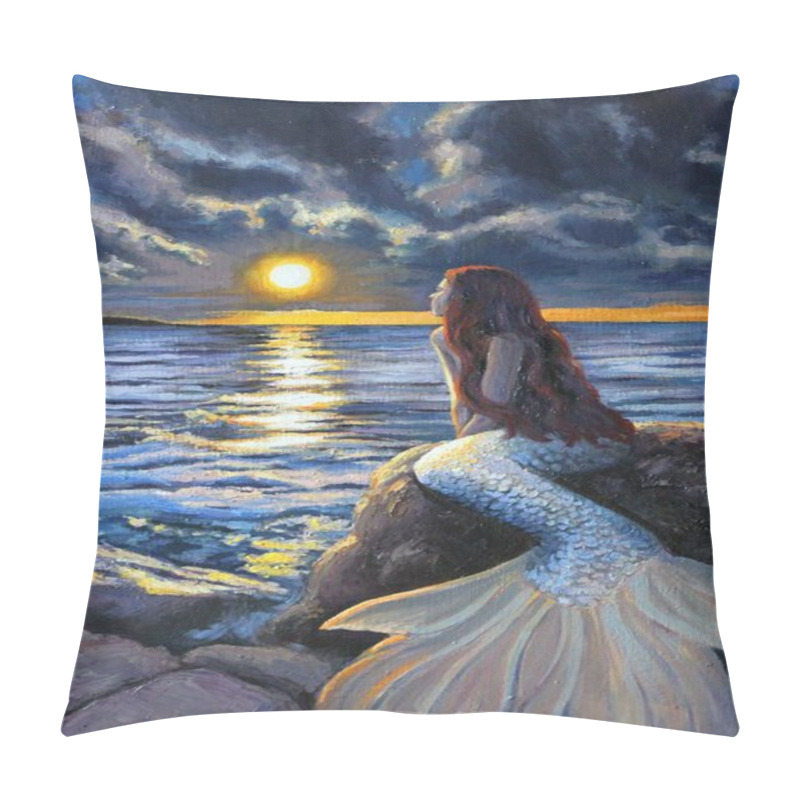 Personality  The Painting Depicts A Beautiful Long-haired Mermaid Who Came Out Of The Sea And Sat On The Stones On The Shore To Look At The Horizon And Enjoy The Sunset Over The Sea. What Is She Thinking About? Pillow Covers