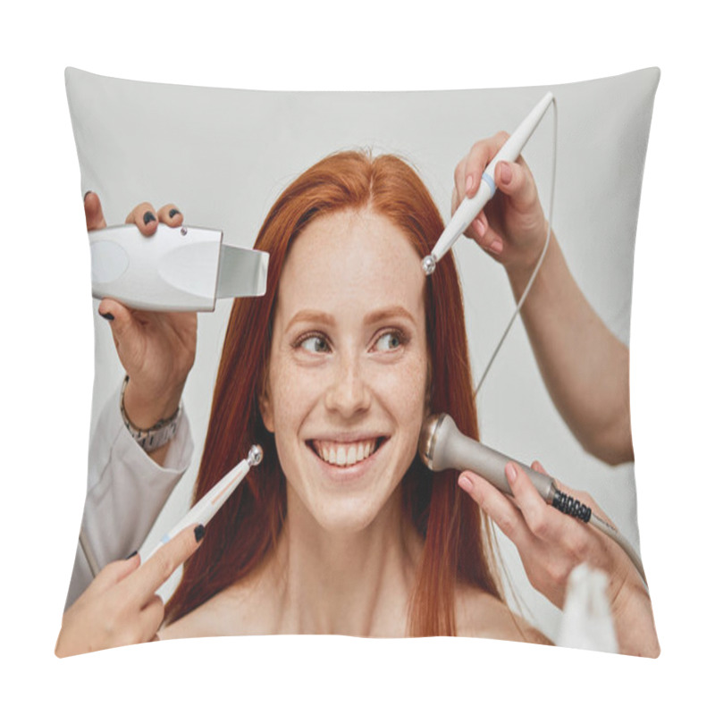 Personality  Conceptual Image Of Female Emotional Face And Cosmetologist Hands With Devices Pillow Covers