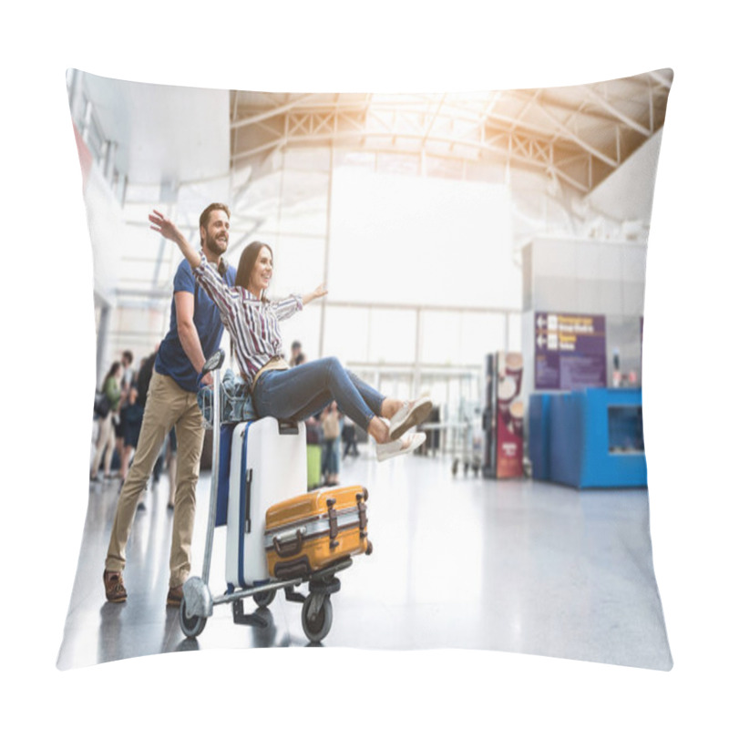 Personality  Happy Smiling Couple Having Fun At Airport Pillow Covers