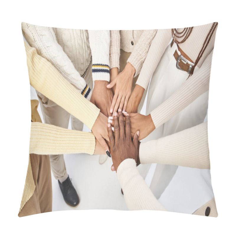 Personality  Top View Of African American People Stacking Hands Together On Grey Background, Juneteenth Pillow Covers